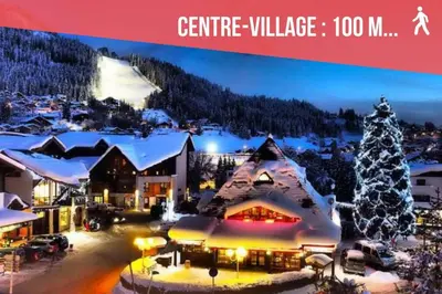a poster for a ski resort with a christmas tree at GREEN APPLE CARROZ Duplex WIFI Garage Balcon-Sud Vue Montagne in Les Carroz d'Araches