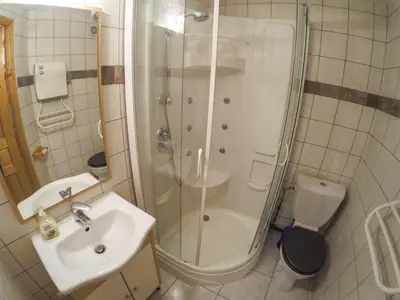 a bathroom with a shower and a sink and a toilet at Les Carroz Alpine Chalet - central in Les Carroz d'Araches