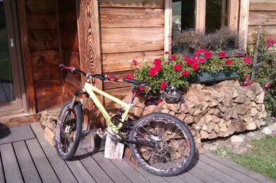 a bike parked next to a building with flowers at Les Carroz Alpine Chalet - central in Les Carroz d'Araches