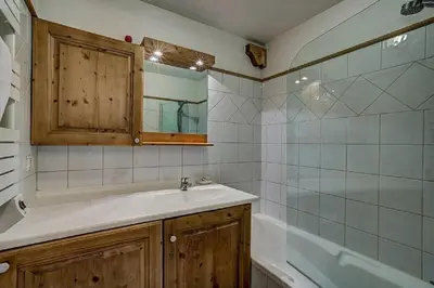 a bathroom with a sink and a shower and a mirror at MGM Parc Couttet in Chamonix-Mont-Blanc