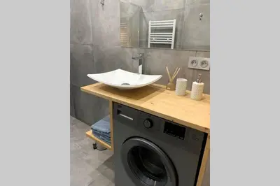a bathroom with a sink and a washing machine at *** Le Refuge *** Logement standing Megève in Demi-Quartier