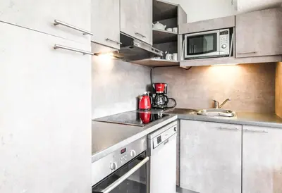 a kitchen with stainless steel appliances and a microwave at Penthouse 3-bedroom apartment, mountain views, large terrasse, piste access in Flaine