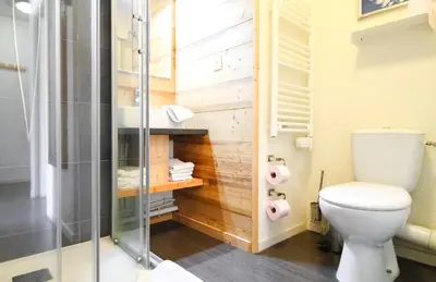 a bathroom with a toilet and a shower at Penthouse 3-bedroom apartment, mountain views, large terrasse, piste access in Flaine