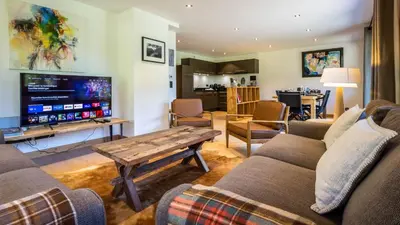 a living room with a couch and a tv at Appartement Green in Chamonix-Mont-Blanc