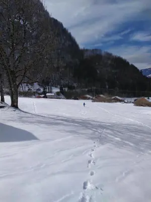 a person is walking across a snow covered field at Le clair logis in Sixt