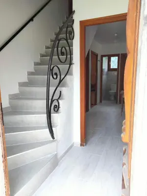 a stairway with a wrought iron handrail and a stair case at Le clair logis in Sixt
