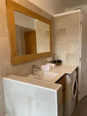 a bathroom with a sink and a washing machine at Appartement Le Lutetia in Chamonix-Mont-Blanc