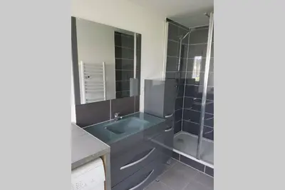 a bathroom with a glass shower and a sink at maisonnette entre lac de Passy et montagnes in Domancy