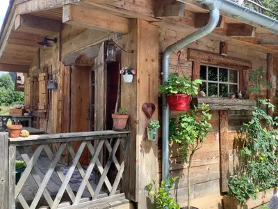 a wooden house with potted plants on it at Charmant Mazot in Saint-Gervais-les-Bains