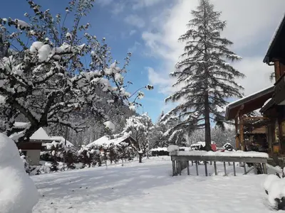 a snow covered yard with a bench and trees at Charmant Mazot in Saint-Gervais-les-Bains