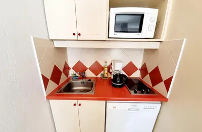 a small kitchen with a sink and a microwave at La Rivière Vue Mont Blanc in Chamonix-Mont-Blanc
