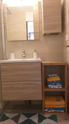a bathroom with a sink and a mirror at studio plein sud vue Mont Blanc CHAMONIX in Chamonix-Mont-Blanc