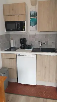 a small kitchen with a sink and a microwave at studio plein sud vue Mont Blanc CHAMONIX in Chamonix-Mont-Blanc