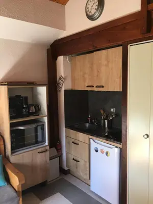 a kitchen with a white refrigerator and a microwave at Studio « Au beau soleil » in Saint-Gervais-les-Bains