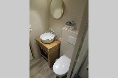 a bathroom with a toilet and a sink and a mirror at Studio « Au beau soleil » in Saint-Gervais-les-Bains
