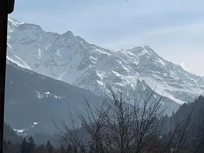 a snow covered mountain range with trees in the foreground at Studio « Au beau soleil » in Saint-Gervais-les-Bains