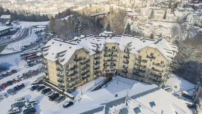 an aerial view of a hotel in the snow at Le Grand Panorama in Saint-Gervais-les-Bains