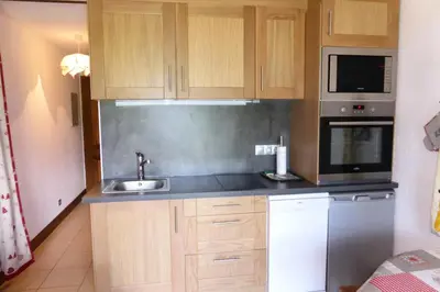 a kitchen with wooden cabinets and a sink and a microwave at Résidence Gros Cailloux Amethyste - Gros Cailloux A7 MAE-5328 in Combloux