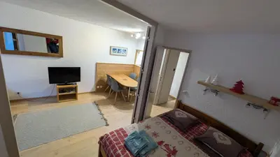 a living room with a couch and a television at L'alpage in Chamonix-Mont-Blanc