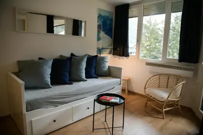 a living room with a couch and a chair at Appartement Cosy - Aiguille du Midi in Chamonix-Mont-Blanc