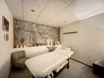 a hospital room with a bed and a stone wall at Demi-chalet de luxe avec piscine et vue Mont Blanc - FR-1-560-71 in Combloux