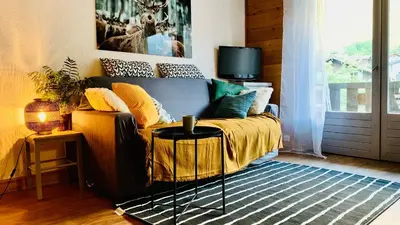 a living room with a couch and a tv at Appartement vue Montblanc 5mn piste1 in Les Houches