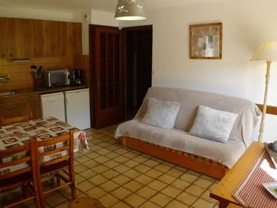 a living room with a couch and a table at T2 calme à Samoëns, terrasse et parking pour 4-6 pers. - FR-1-629-16 in Samoëns