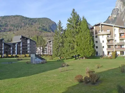 a building in a field with a tree and a building at Appartement lumineux 2 pièces cabine, animaux admis, proche centre Samoëns - FR-1-629-22 in Samoëns