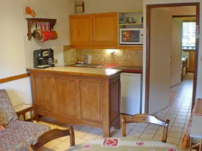 a kitchen with a sink and a counter top at Appartement lumineux 2 pièces cabine, animaux admis, proche centre Samoëns - FR-1-629-22 in Samoëns