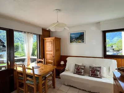 a living room with a couch and a table at Appartement 2 pièces avec animaux admis, balcon et garage - FR-1-629-27 in Samoëns