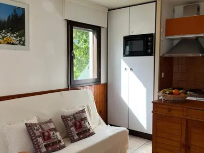 a living room with a white couch and a window at Appartement 2 pièces avec animaux admis, balcon et garage - FR-1-629-27 in Samoëns