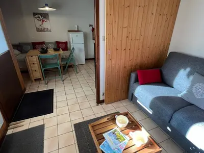 a living room with a couch and a table at Coquet studio RDC avec terrasse, animaux admis, étang Samoëns - FR-1-629-55 in Samoëns