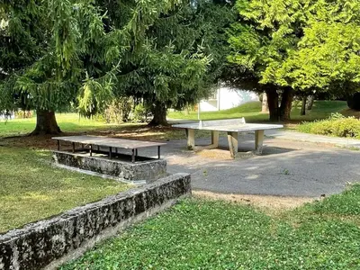 two picnic tables in a park with trees and grass at Appartement 3 pièces à Samoëns, 6 pers., WIFI, Parking - FR-1-629-76 in Samoëns