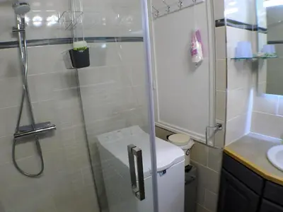 a bathroom with a shower and a toilet and a sink at Charmant T3 calme à 500m du centre de Samoëns avec parking - FR-1-629-57 in Samoëns