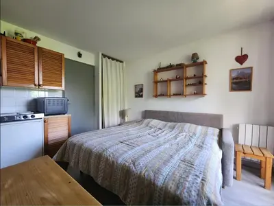 a dining room with a table and chairs and a television at Studio cosy centre village, animaux admis, parking privatif - FR-1-629-66 in Samoëns