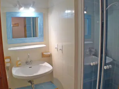 a bathroom with a sink and a shower at Appartement T2 avec mezzanine au cœur du village, animaux admis - FR-1-629-68 in Samoëns