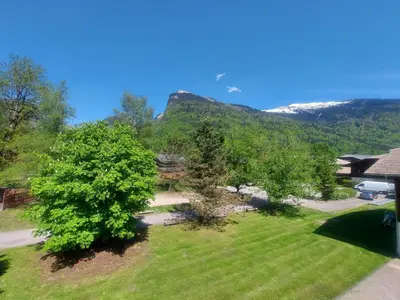 an aerial view of a yard with trees and mountains at Appartement calme avec piscines chauffée et extérieure - FR-1-624-29 in Samoëns