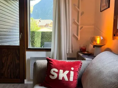 a red pillow with the word ski sitting on a couch at Studio lumineux au centre, jardin, parking, casier à skis - FR-1-624-56 in Samoëns