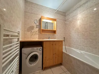 a bathroom with a washing machine and a sink at Charmant T2 en centre-ville avec balcon et animaux acceptés - FR-1-624-43 in Samoëns