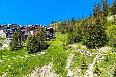 an aerial view of a resort on a mountain at Charming 6th-floor 2-bedroom apartment with fireplace in Flaine