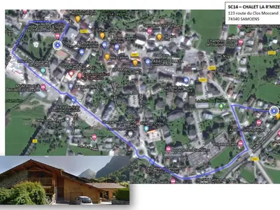 a map of a city with a blue line at Chalet au centre de Samoëns avec jardin et cheminée - FR-1-624-17 in Samoëns
