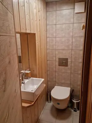 a small bathroom with a toilet and a sink at Chalet Tontine, 3 bedrooms, sauna, terrace and great views ! in Les Houches