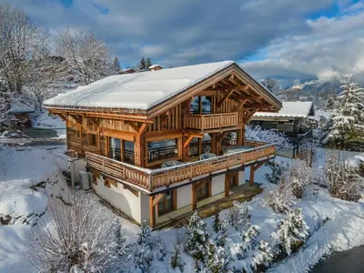 a large wooden house with snow on the roof at Chalet Luxe 12 Pers. Face aux Pistes avec Skiroom, Garage, Salle de Sport et Services Inclus - FR-1-569-19 in Demi-Quartier