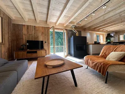 a living room with a couch and a table at Chalet moderne à Samoëns avec cheminée et terrasse - FR-1-624-5 in Samoëns