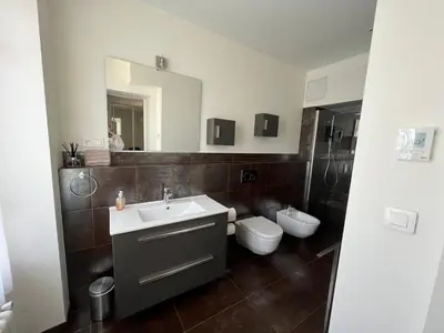 a bathroom with a sink and a toilet and a mirror at onlysaintg - Apartment Bernadette Spacious 4 bedrooms Great views, 120 m2 Only 500m from the centre and ski lift GREAT YEAR ROUND in Saint-Gervais-les-Bains