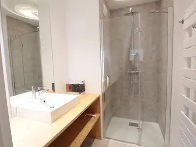 a bathroom with a sink and a shower at Appartement ski aux pieds, 3 pièces, 6 pers, terrasse sud, près des Carroz - FR-1-572-248 in Les Carroz d'Araches