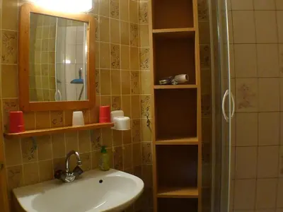 a bathroom with a sink and a shower with a mirror at Studio pour 2 près du centre de Samoëns - FR-1-629-77 in Samoëns