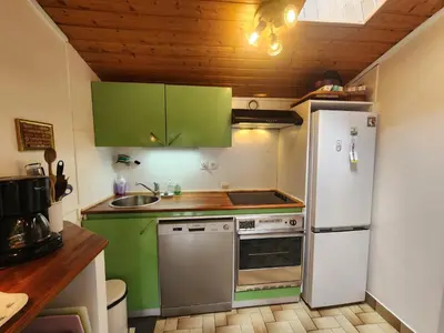 a kitchen with green cabinets and a white refrigerator at Charmant appartement 2 pièces mezzanine, animaux admis, Samoëns - FR-1-629-53 in Samoëns