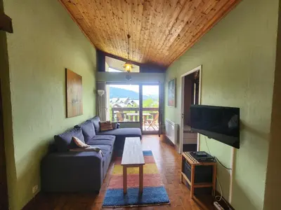 a living room with a couch and a tv at Charmant appartement 2 pièces mezzanine, animaux admis, Samoëns - FR-1-629-53 in Samoëns