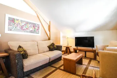 a living room with a couch and a tv at Two internally connecting 2-bed apartments with shared private entrance in Flaine